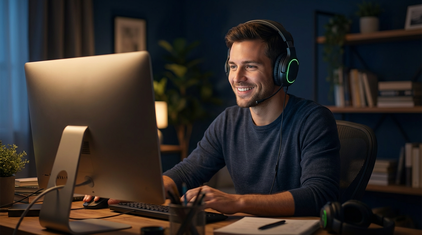 Kulaklık kullanan mutlu bir kullanıcı — oyun ve topluluk sohbeti